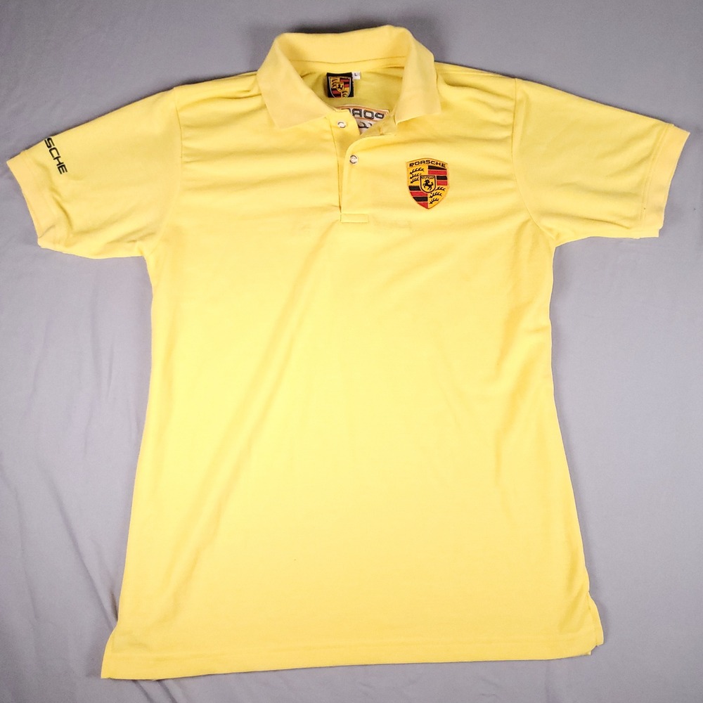 Porsche Stuttgart Crest Polo Shirt Mens Large Yellow Short Sleeve Cotton Logo